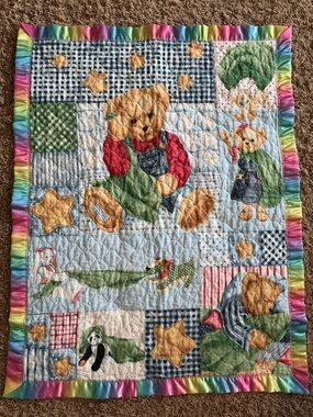 Blue Jean Teddy Bears Baby Toddler Quilted Blanket Silky Rainbow Edge 47 x 37
